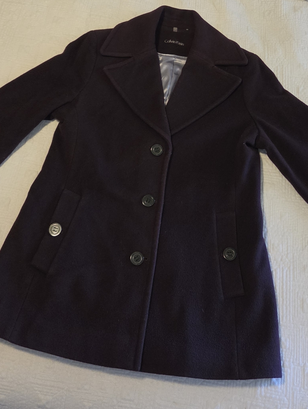 Calvin Klein Women's Dark Purple Wool Blend Peacoat, Size Large